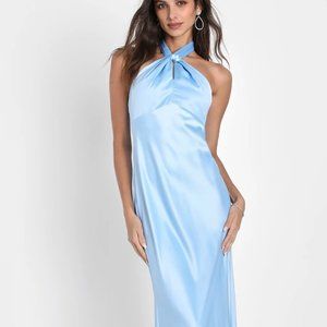 Lulu's Regal Arrival Light Blue Satin Halter Mermaid Maxi Dress